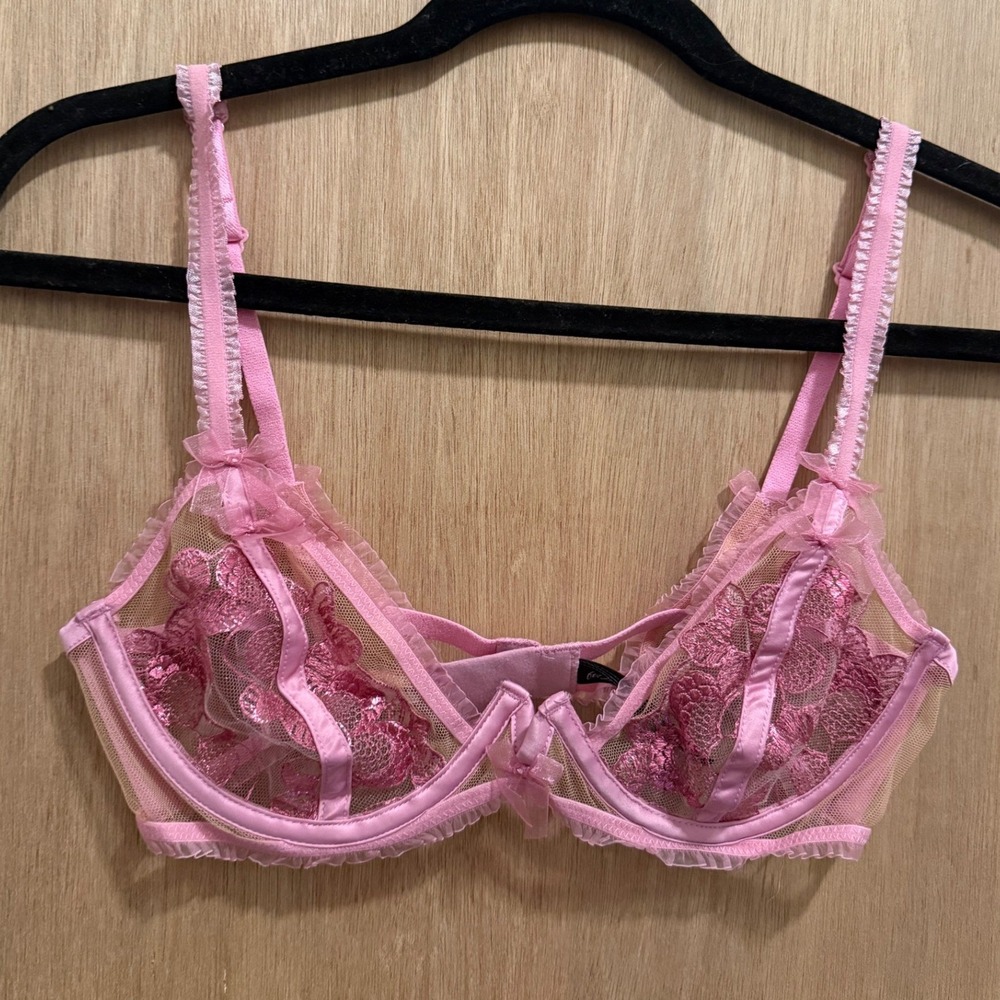 For Love & Lemons Pink Floral Embroidered Sheer Grace Underwire Ruffle Bra Small